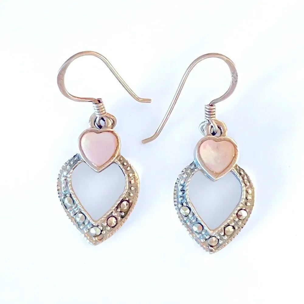 Sterling Silver Marcasite Pink Shell Heart Earrings
